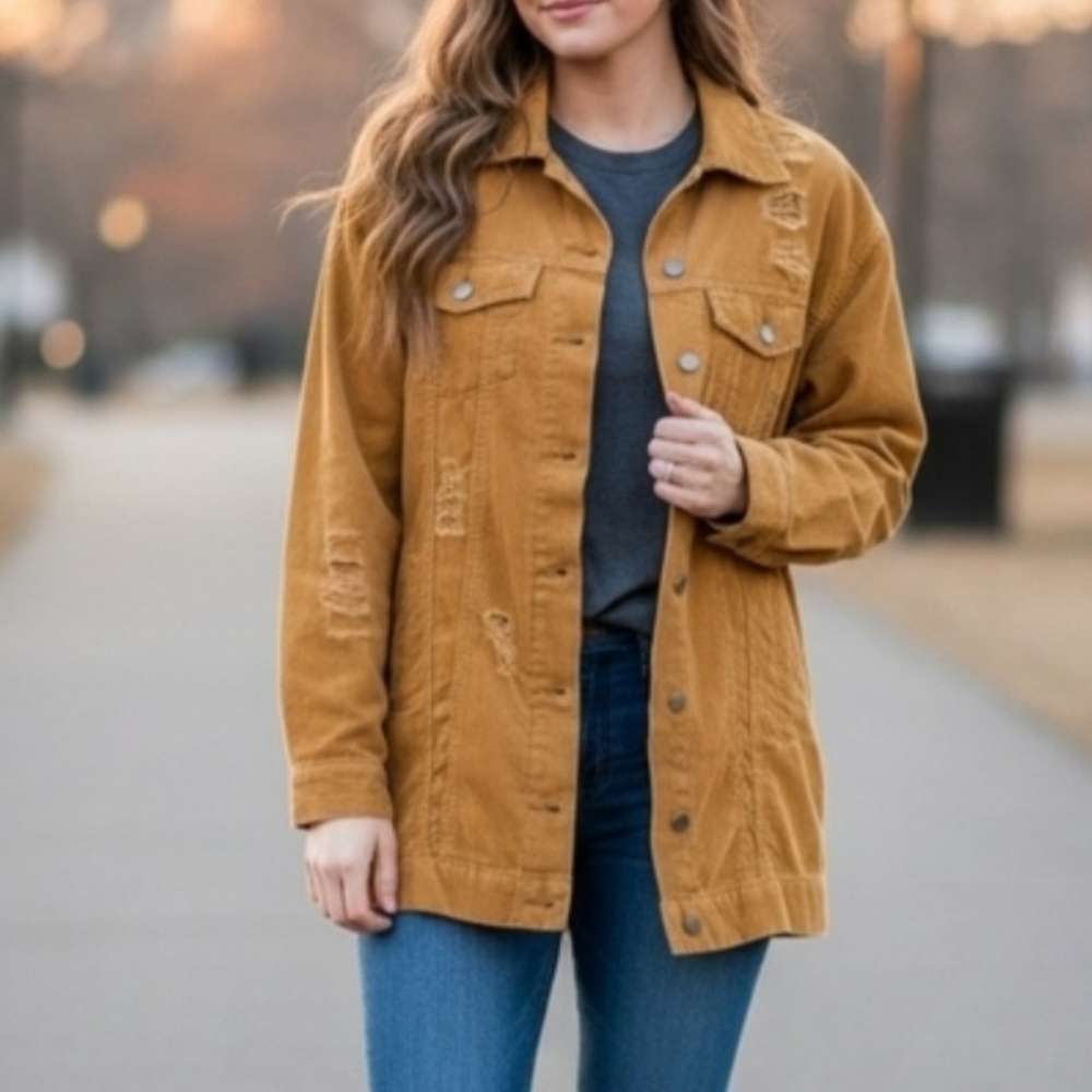 Easel Distressed Mustard Corduroy Trucker Jacket